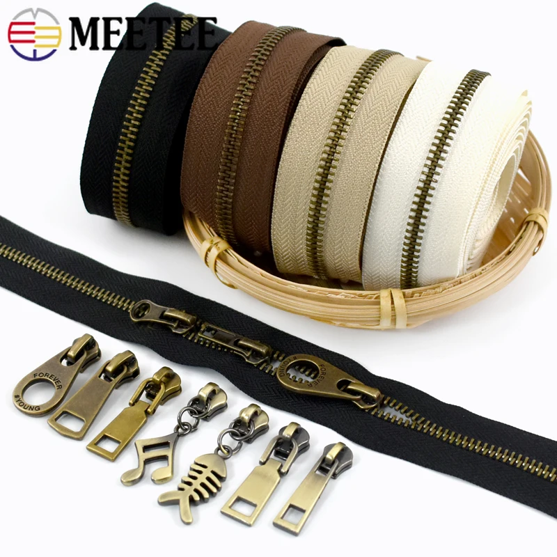 2/5M Meetee 5# Metal Zippers with Zipper Slider Bronze Zips Coil Bag Jacket Decor Cabbage Zip Roll Shoes Clothes Puller Repair