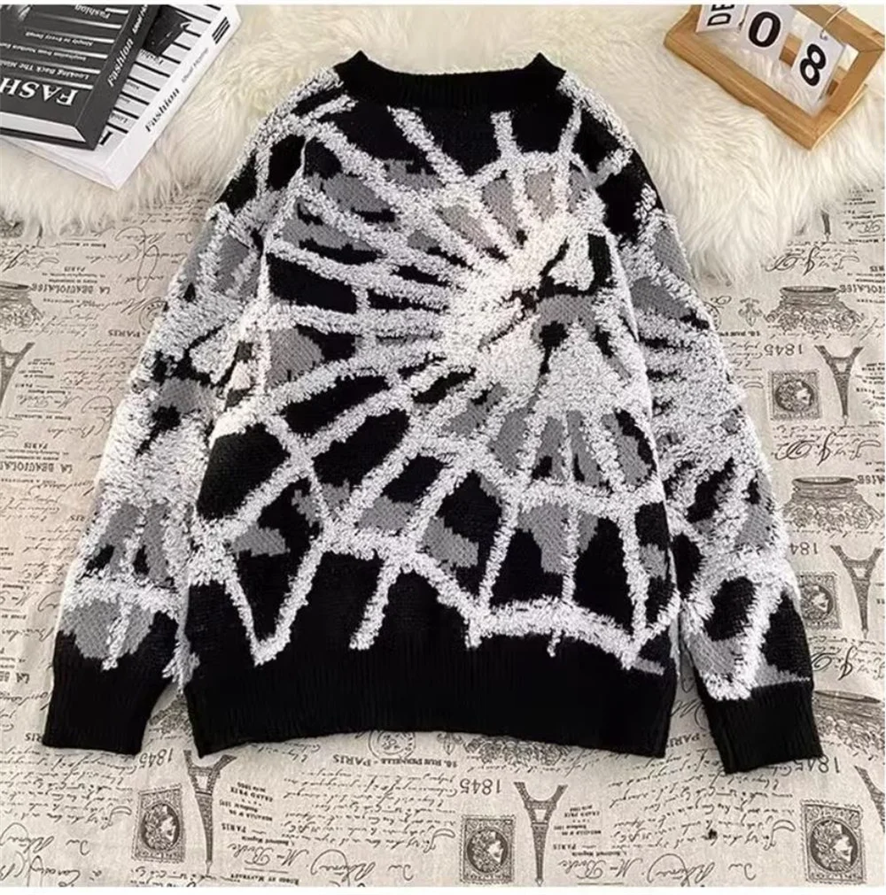 Senior plankton handsome spider jacquard large size crewneck sweater fat men and women simple niche ins loose sweater