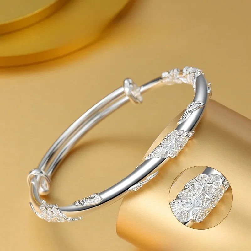 Classic Sterling Silver Solid Push-pull Adjustable Three-dimensional Flowers Leaves Bangles for Woman New Chinese-style Jewelry