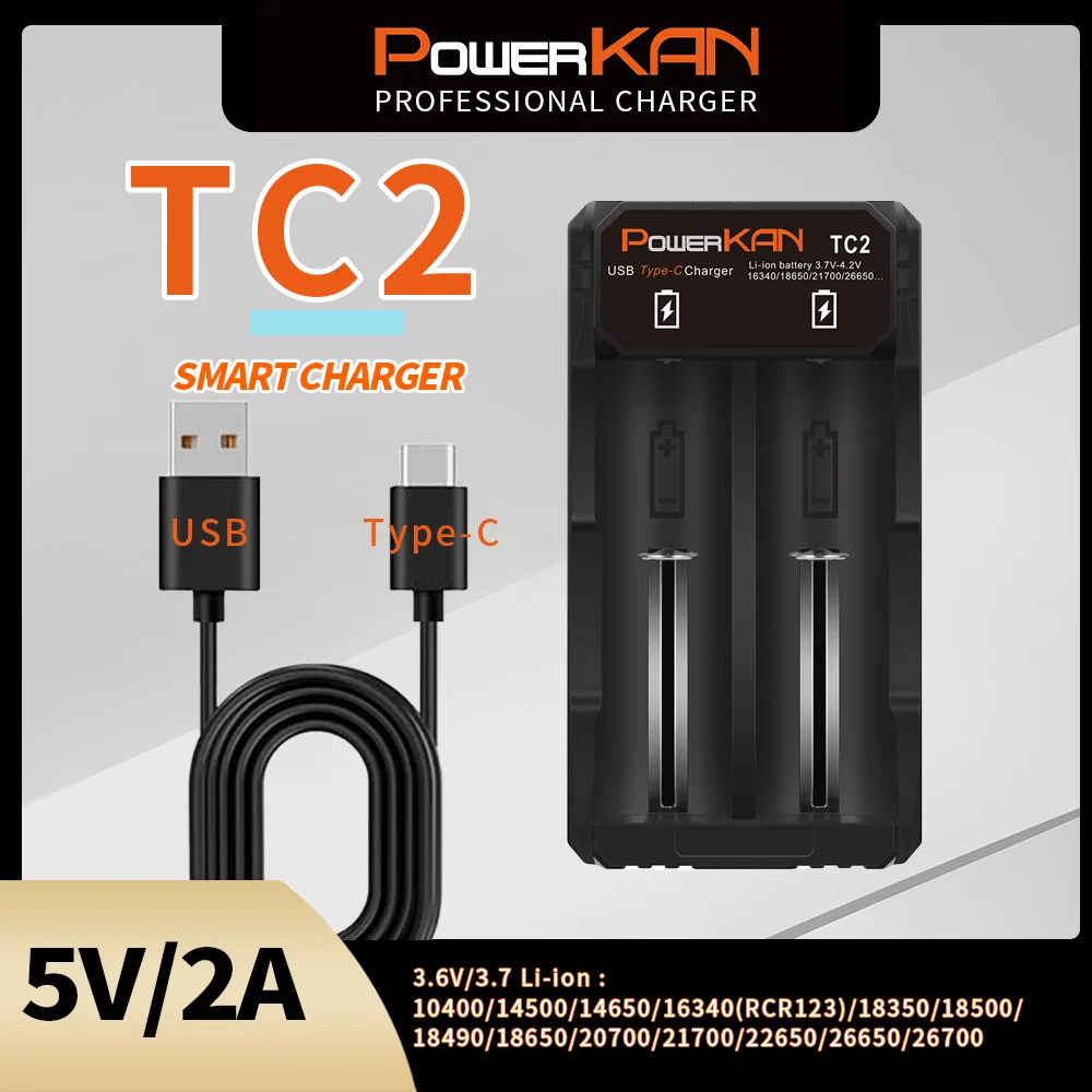 Powerkan TC2 Battery Charger 2 Slot 3.6V 3.7V Lithium 10400 14500 16340 18650 21700 26700 RCR Batteries Smart Type C Charing