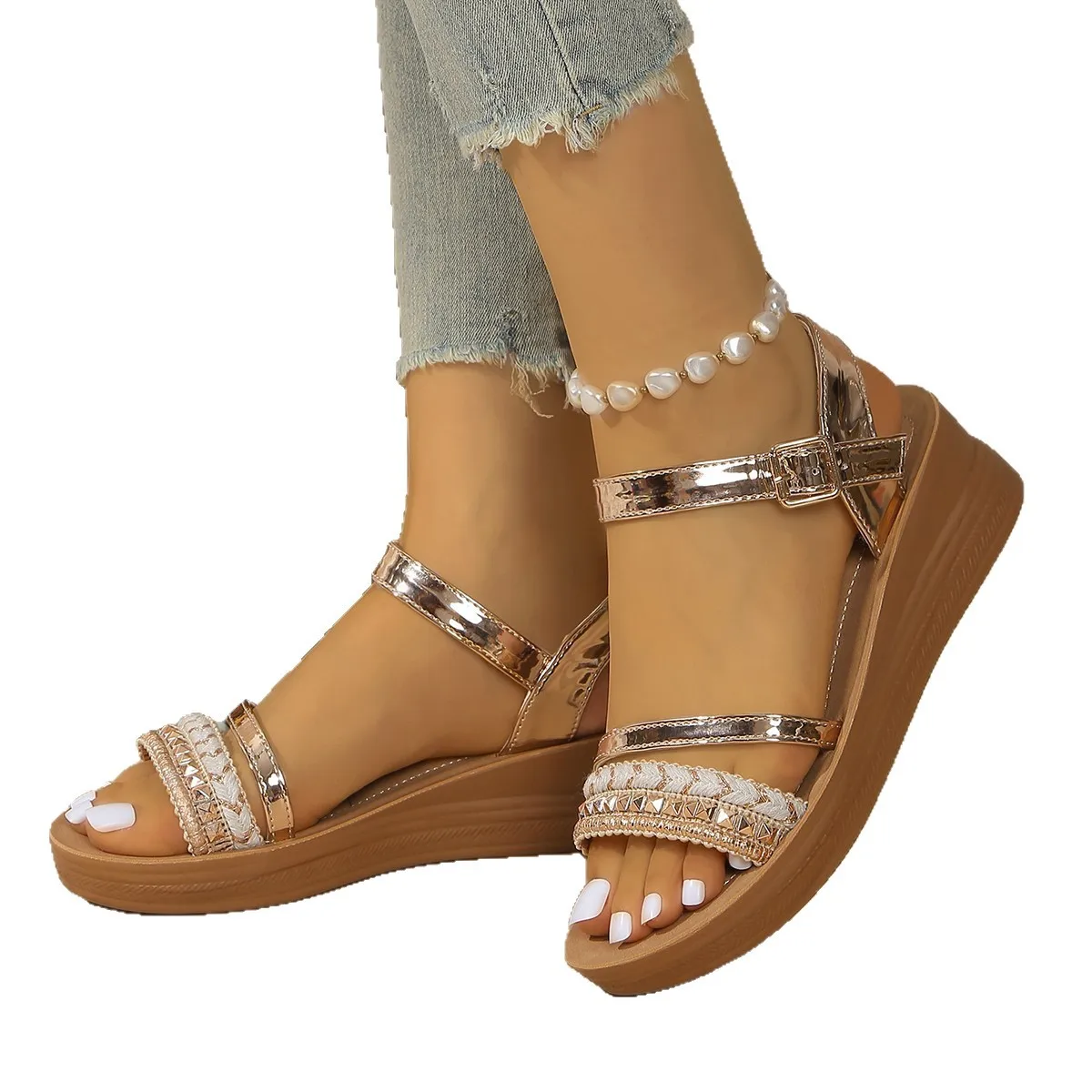 

Fashion Rivet Decor Wedge Sandals for Women Summer Lightweight Non Slip Beach Shoes Woman Buckle Strap Platform Sandalias Mujer