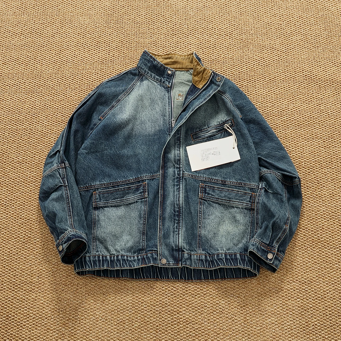 Amekaji Retro Men's Stand Collar Denim Jacket - Workwear Military Style with Multiple Pockets Heavyweight Washed Loose Fit Coat