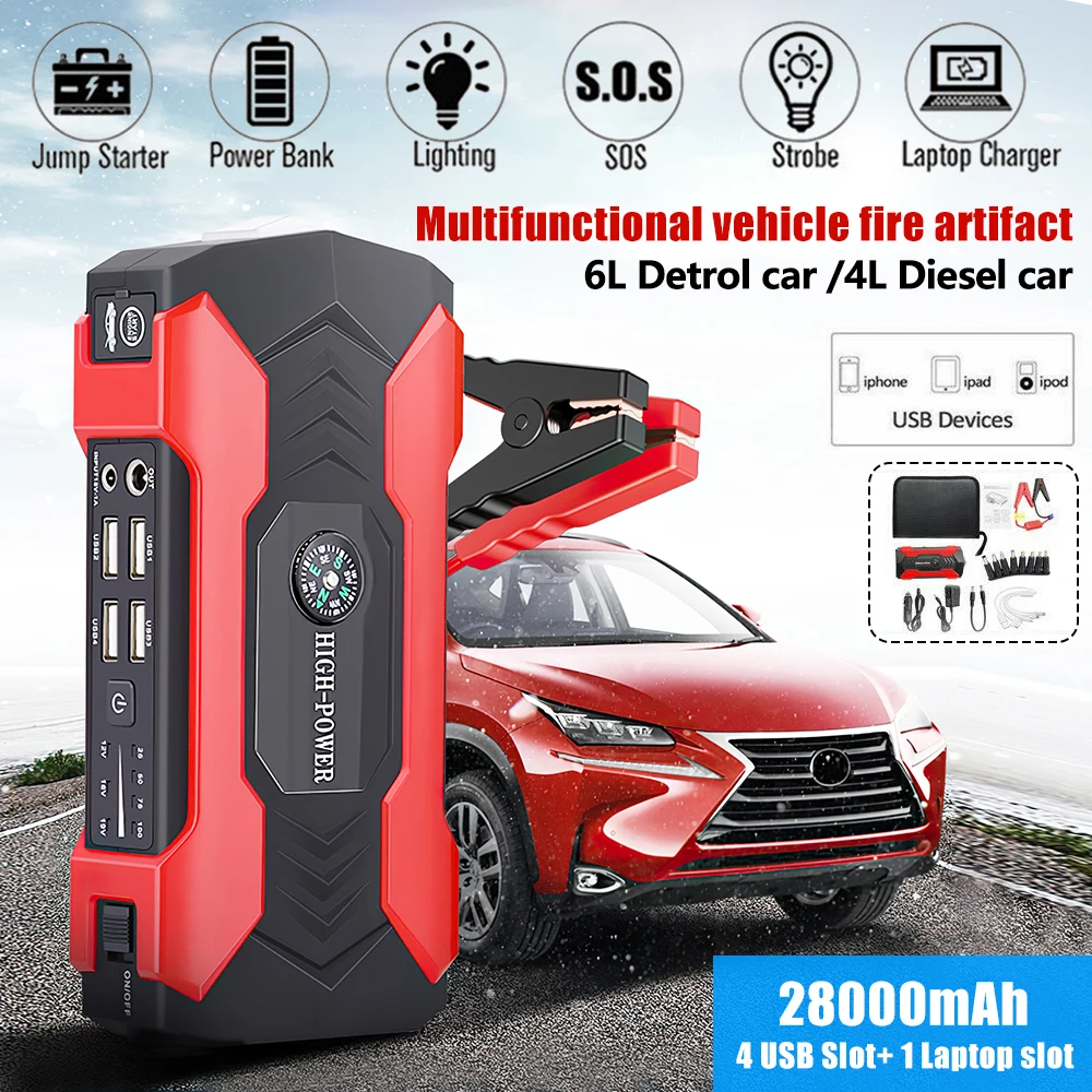 12V 800A LED Car Jump Starter 28000mah Portable Emergency Charger Battery Power Bank Car Booster Starting Device Four-string