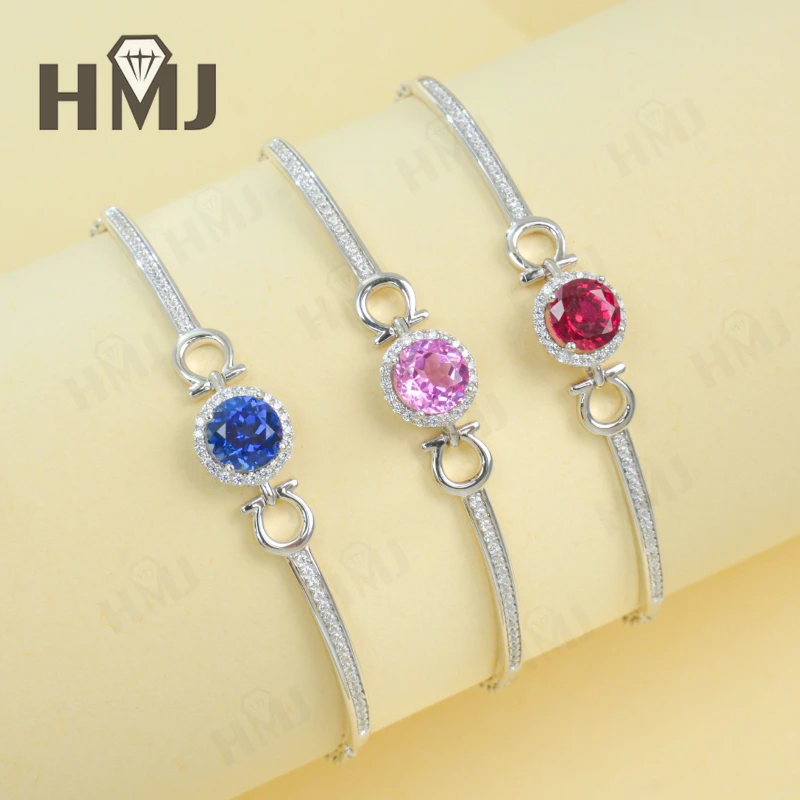 

6.5mm Round Colored Gemstone Bracelet Ruby Sapphire Padparadscha 925 Sterling Silver CZ Accents Christmas Gift No Fade Quality