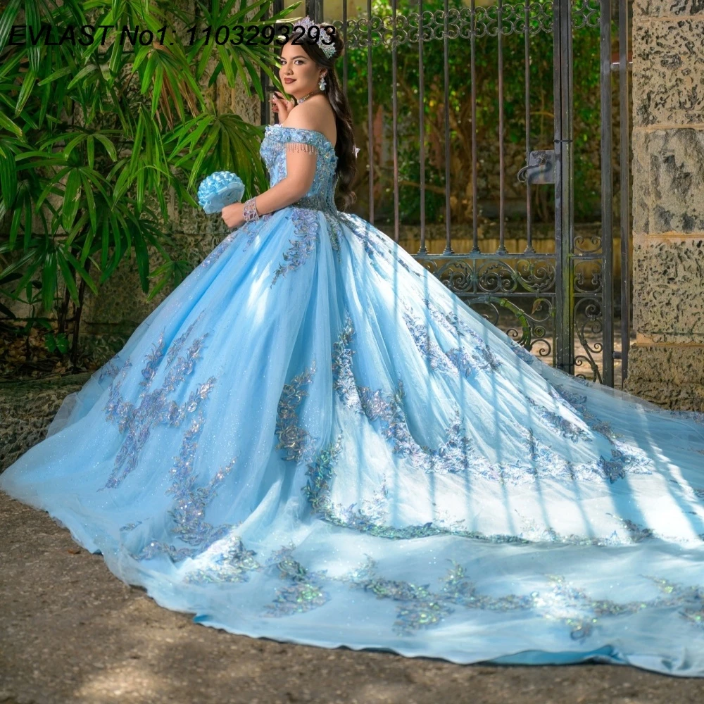 

EVLAST Customized Glitter Blue Ball Gown Quinceanera Dress Shiny Sequins Applique Beaded Sweet 16 Vestidos De 15 Anos E1QN214