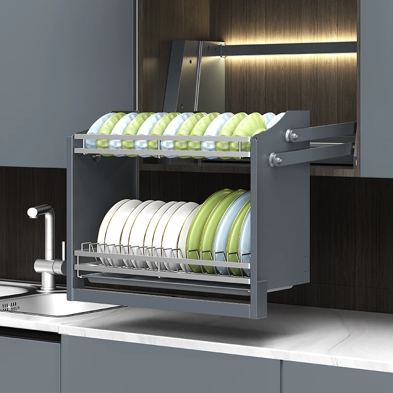 Kitchen Cabinet Accessories Pull Down Cabinet Organizer Large Capacity Double Layer Electric Lift Dish Rack Lift Cabinet