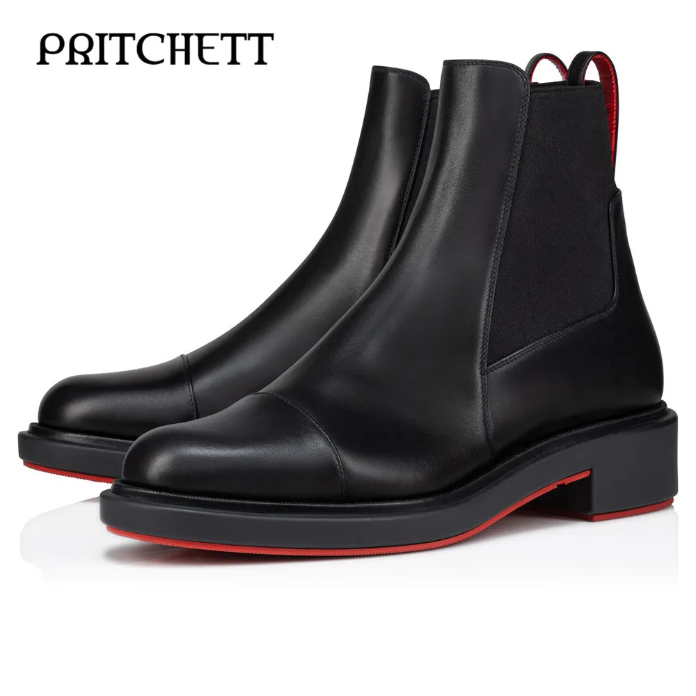 Black Pull-On Chelsea Boots Round Toe Elastic Fashionable Business Leather Shoes Personality Formal Large Size Leather Boots