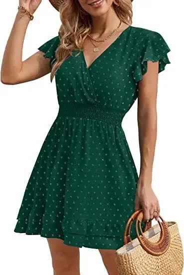 

Women Dresses Boho Short Sleeve Mini Dress Polka Dots Beach Dresses Sexy V-Neck Party Holiday Dress Female Casual Sundress