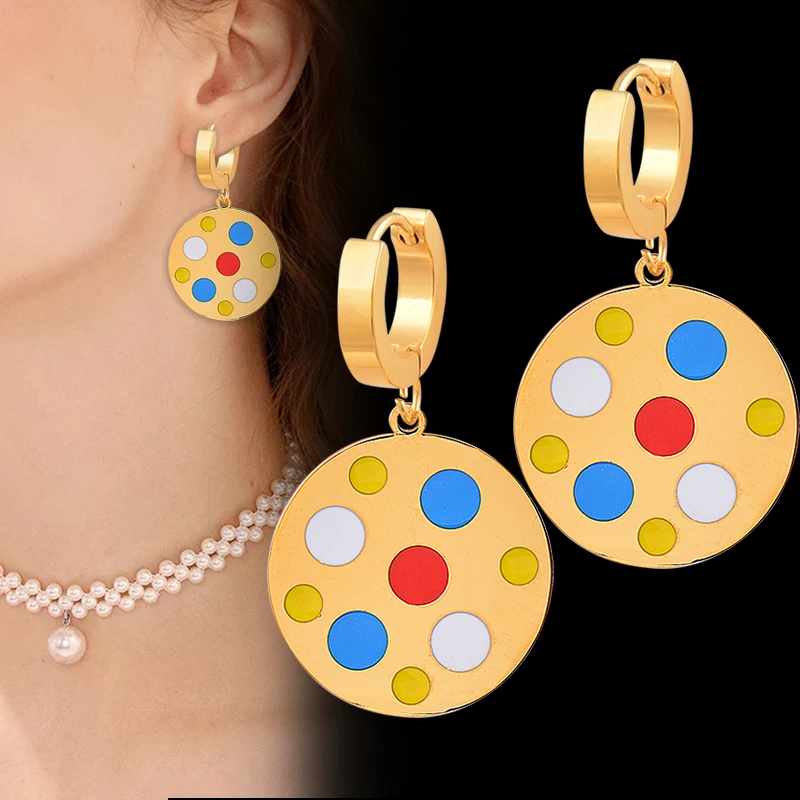 LEEKER Stainless Steel Gold Color Round Drop Earrings For Women Blue Yellow Red White Enamel Jewelry Accessories