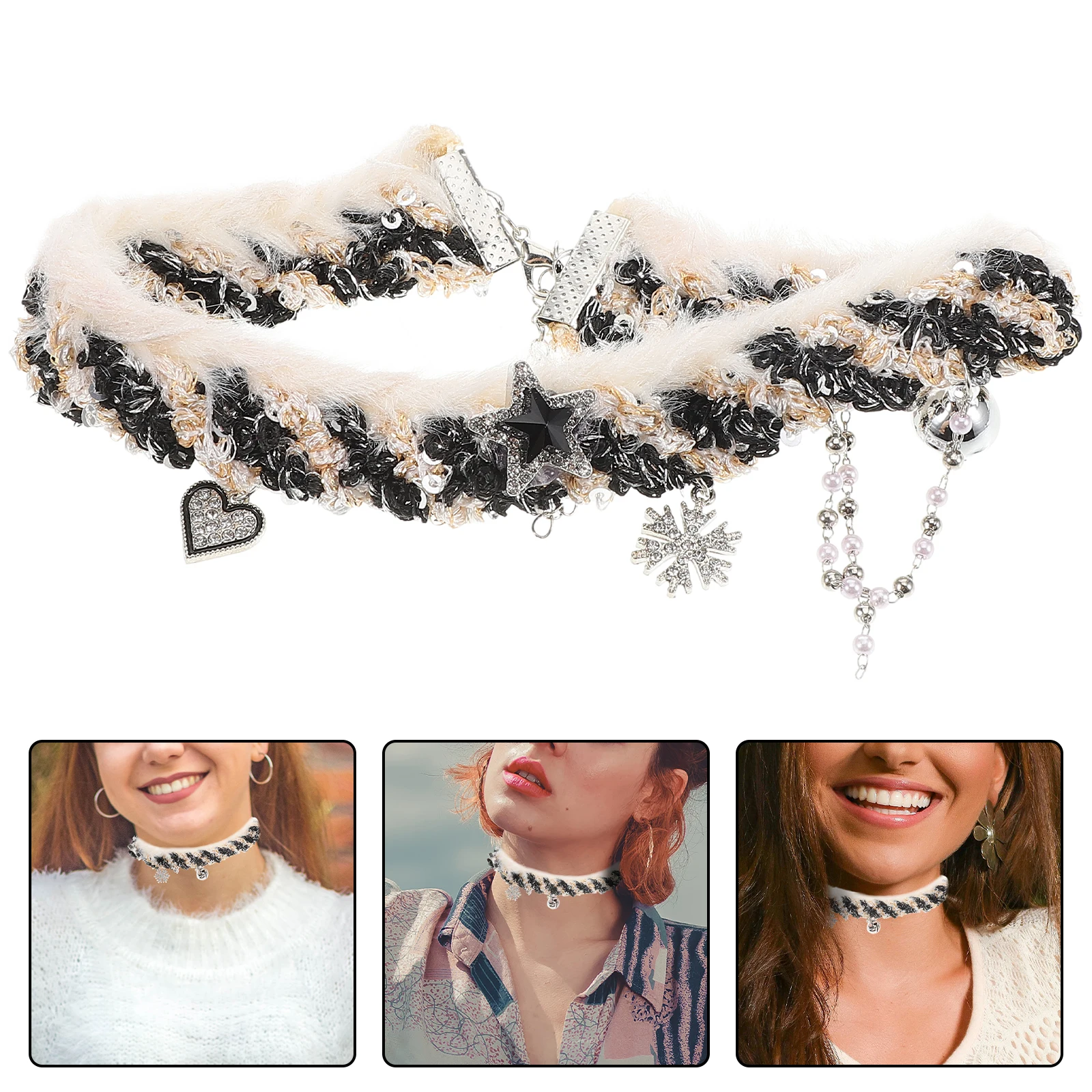 

Snowflake Star Tassel Choker Color Block Soft Knitted Christmas Necklace Holiday Celebration Jewelry