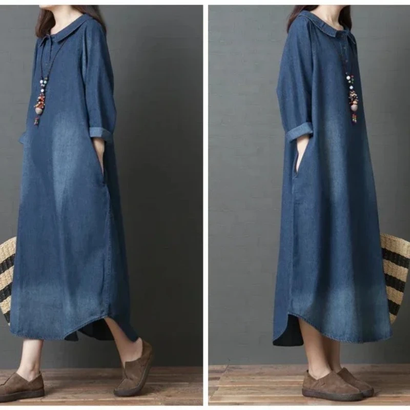 

Denim Dress Women Dresses Long Sleeve Turn Down Collar Vestidos Button Maxi Pockets Streetwear Winter Slight Strech Ankle Length