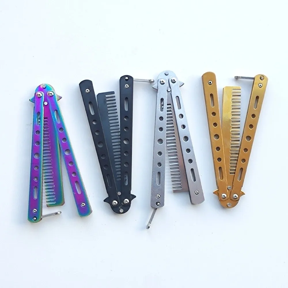 New Stainless Steel Butterfly Knife Comb Foldable with Buckle Beard Comb Solid Color Dual Function Hairdressing Comb Photo Props