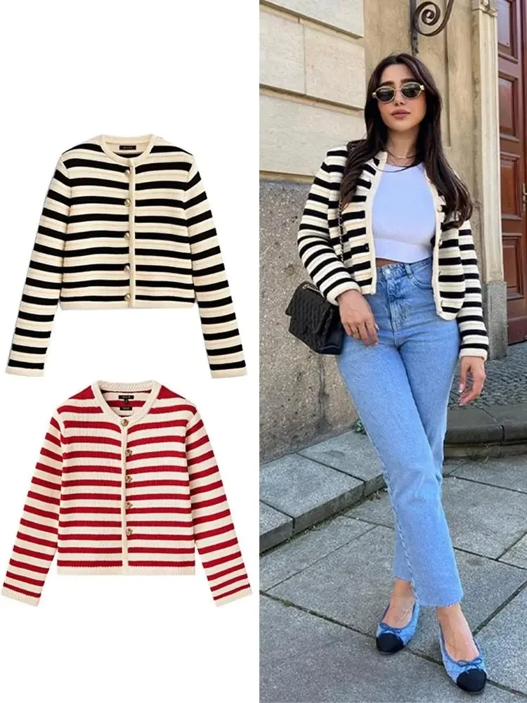 Fashion Striped Knitted Sweater Cardigans Women Elegant Simple Single Breasted Outerwear 2023 New Female Jumper Casual Chic Top