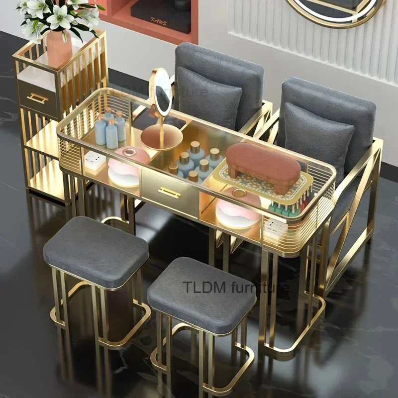 

Italian Light Luxury Glass Nail Tables Gold with Drawer Manicure Tables Modern Salon Furniture Beauty Salon Table and Chair Set