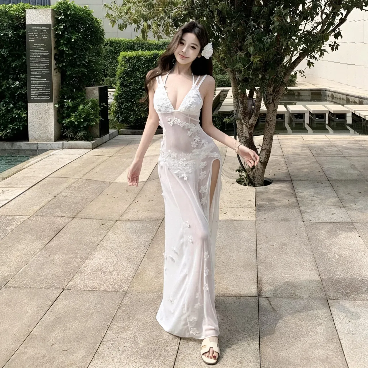 

sexy white flower lace halter tie bikinis sets 3pcs perspective swimsuits with long dresses swimwear beach outfits sweet biquini