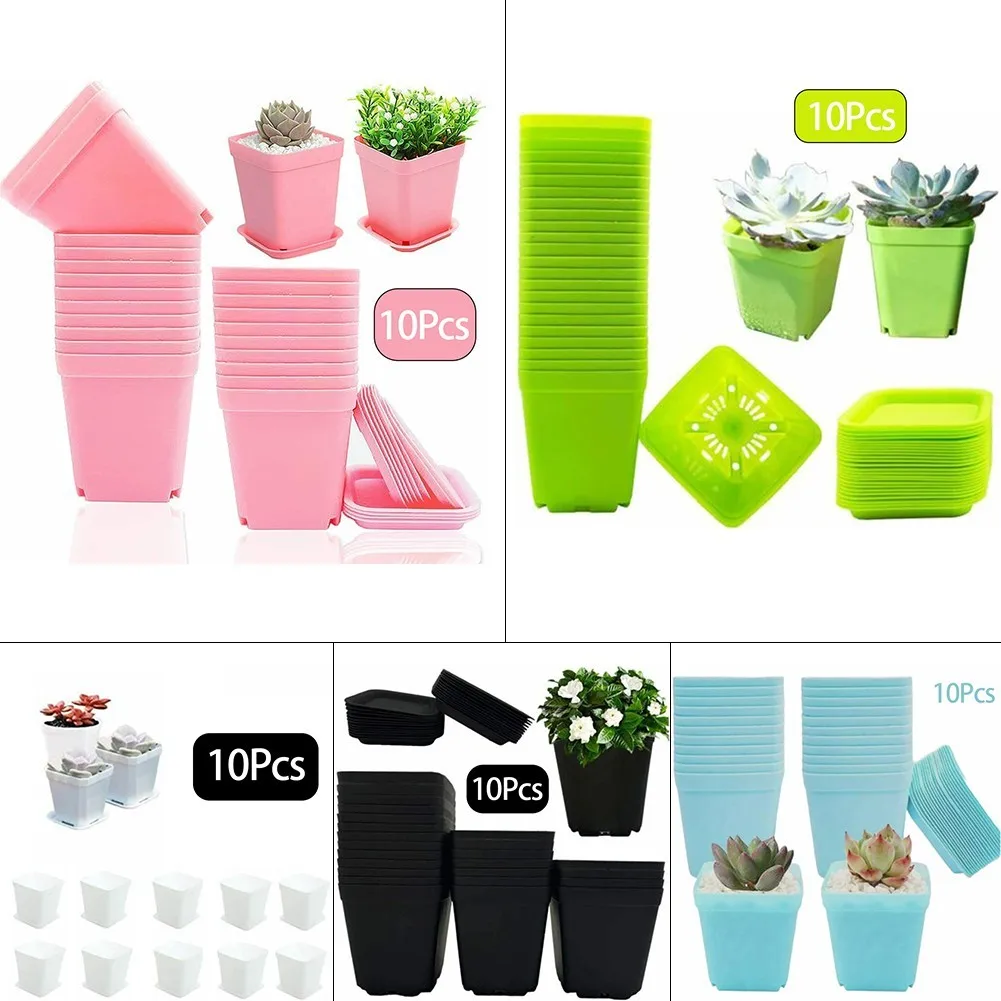 10 PCS Gardening Mini Colorful Multi Square Nursery Flower Pots Succulent Green Plants Plant Pot With Tray Home Decoration