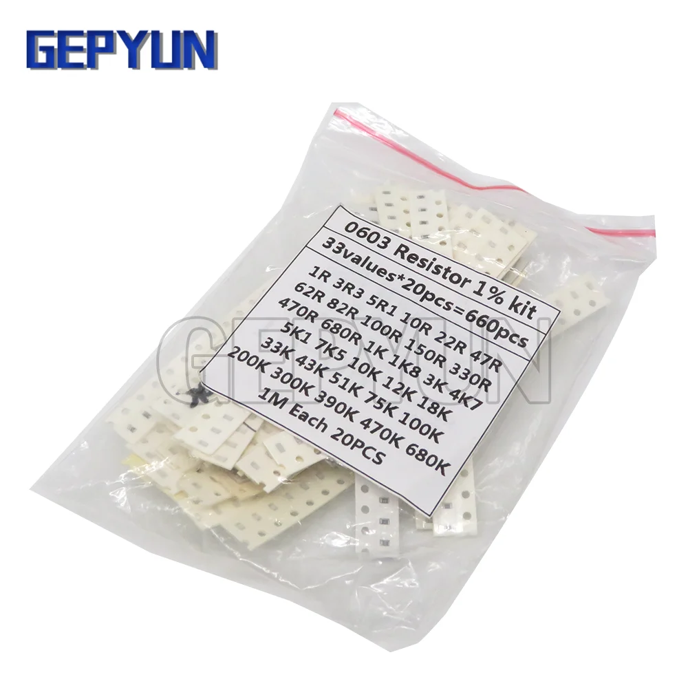 660Pcs 0603 Smd Weerstand Kit Diverse Kit 1ohm-1M Ohm 1% 33Valuesx 20Pcs = 660Pcs Sample Kit