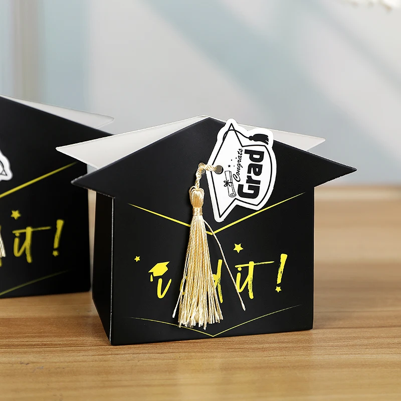 

10Pcs Black Gold Bachelor Hat Cap Candy Box With Tassel Graduation Party Favors Box Cookie Snack Packaging Box Grad Party Decor