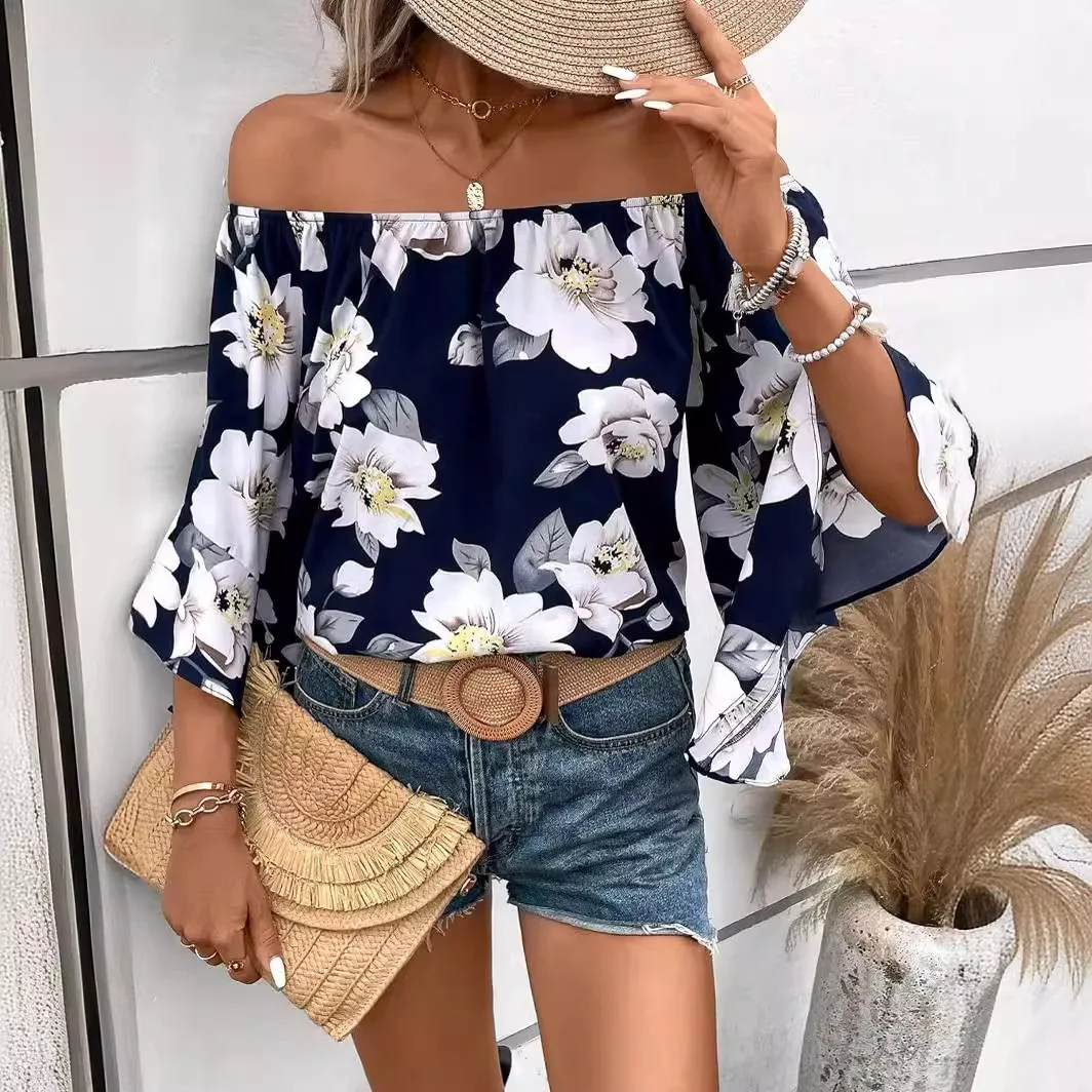 Blusa holgada con manga acampanada y hombros descubiertos para mujer, camisa con escote Floral, estilo nuevo, Verano