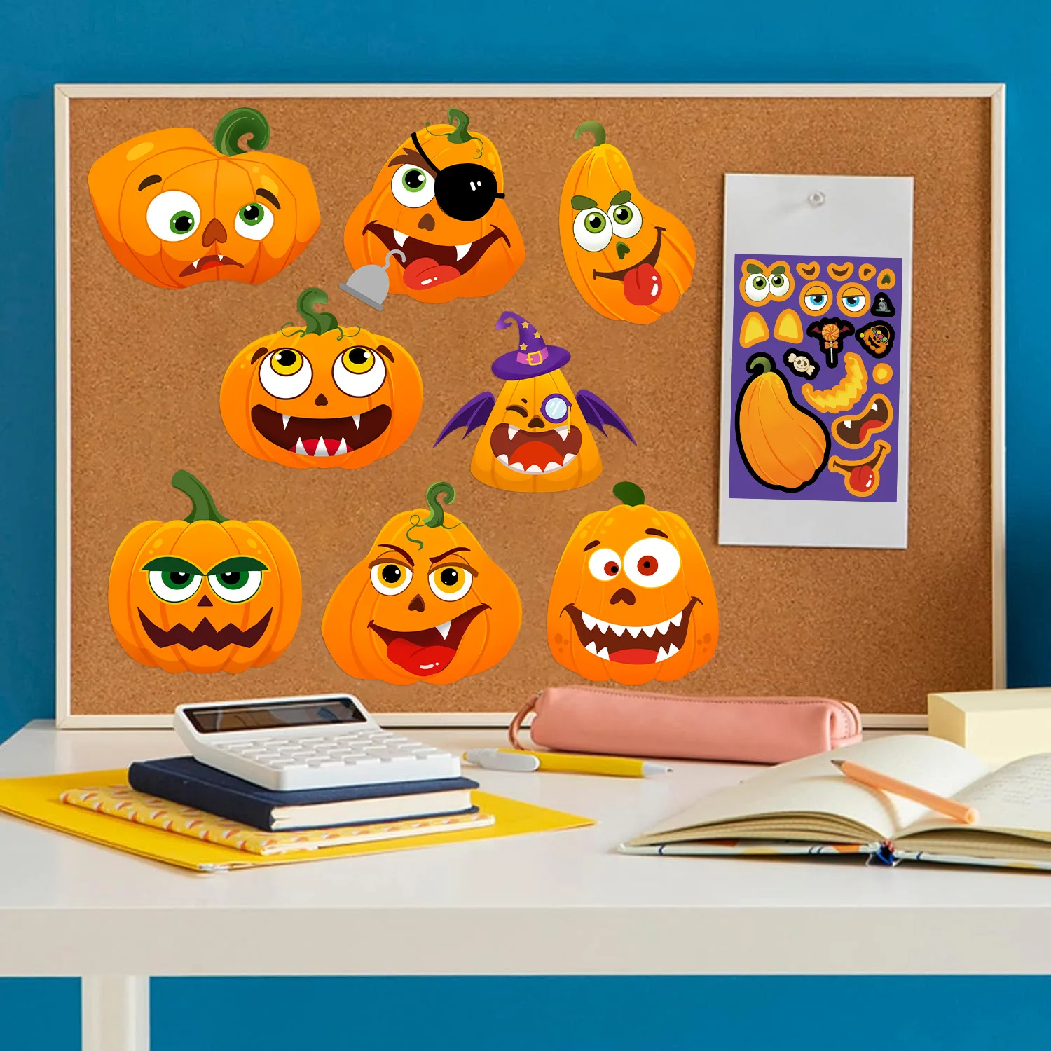 8 folhas de adesivos de abóbora de Halloween, desenhos animados, colagem fofa, decoração, brinquedos infantis, skates móveis, adesivos de PVC à prova d'água