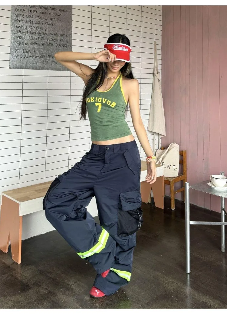 Women's Multi Pocket Reflective Strip Design Pants Unisex Casual High Waisted Trousers Summer Bottoms Female Wide Leg Sweatpants