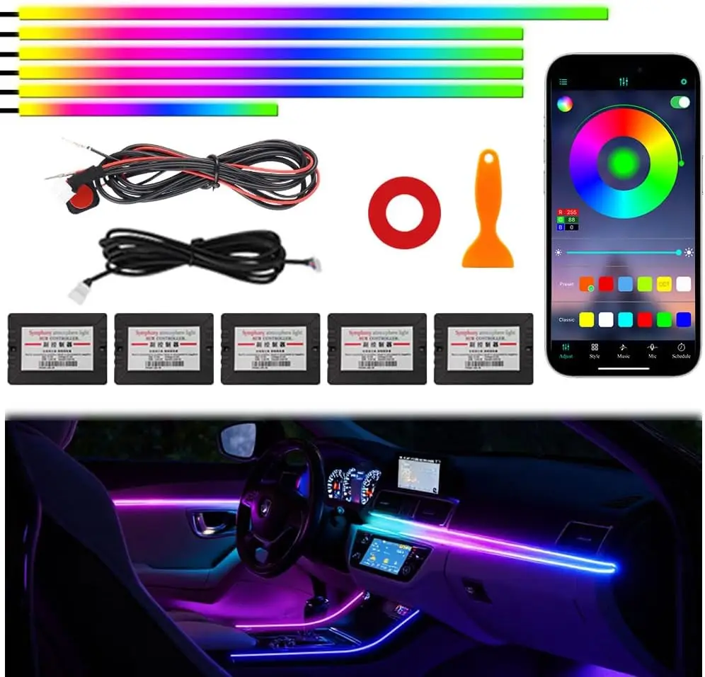 

Car Ambient Lighting Kit, 6 LED Strip Lights with APP Control, Music Sync, Acrylic Neon Fiber Optic, Wireless Installation, 12V