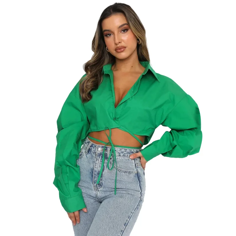 

Trend Solid Color Loose Shirts Women Spring Autumn New Fashion Single Breasted Leace-up Short Shirts & Blouses Female Streetwear