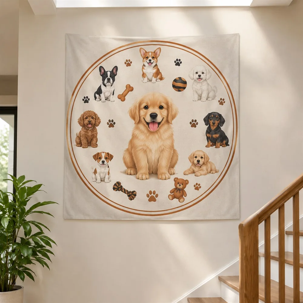 VIKAMA Cute Dog Tapestry Wall Hanging, Hand Drawn Animal Wall Art, Pet Lover Decor for Bedroom Living Room Nursery Kids Room