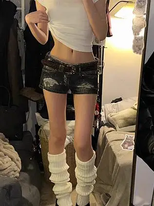 여름 여성 찢어진 워시 홀 하이 웨이스트 데님 팬츠 짧은 버뮤다 팬츠 캐주얼 태슬 타이트 5부 스티치 스트릿 팬츠