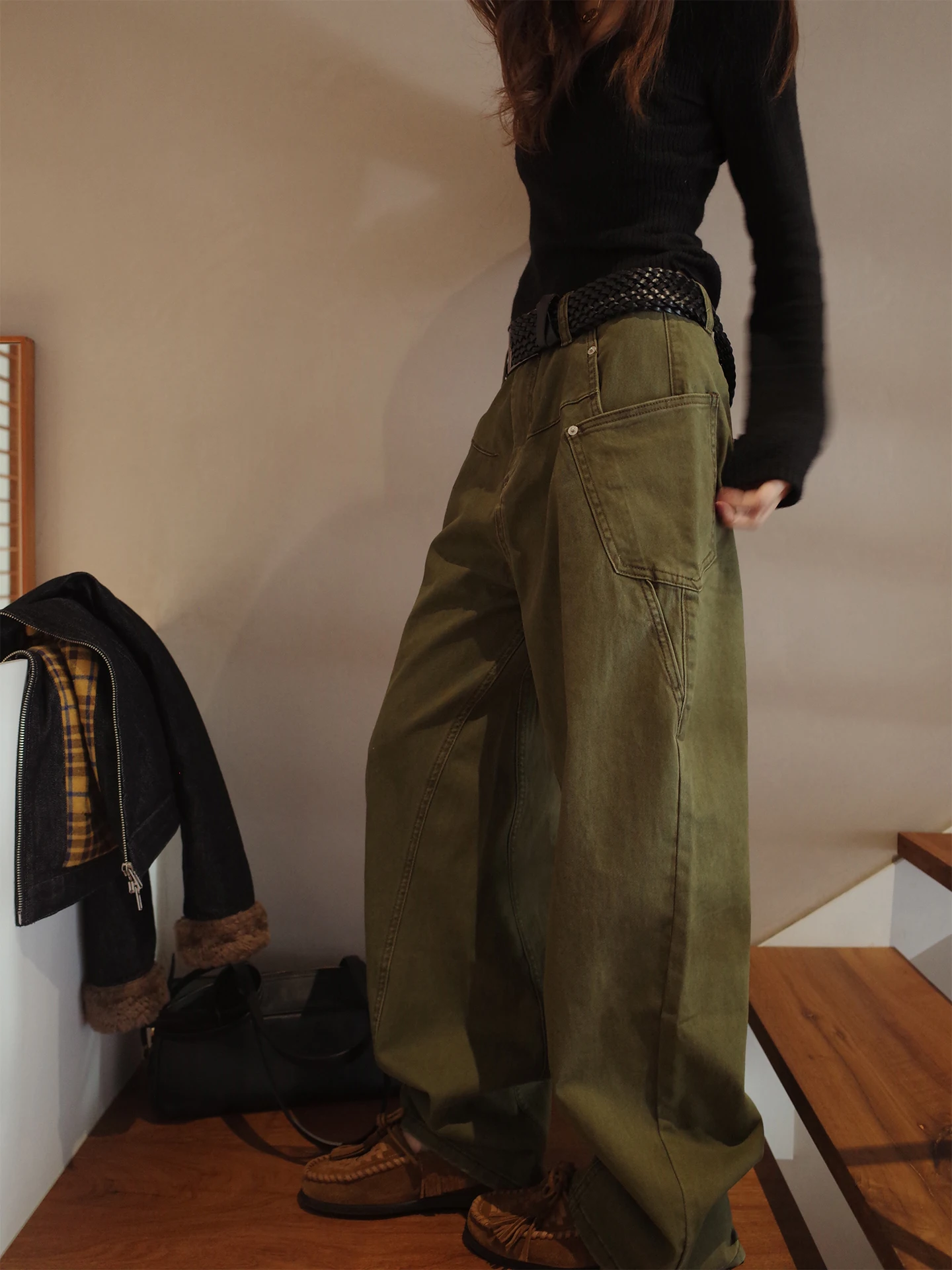 

Женские джинсы с низкой талией в американском ретро-стиле, свободные, стройнящие, длинные брюки, повседневные, из хлопковой ткани