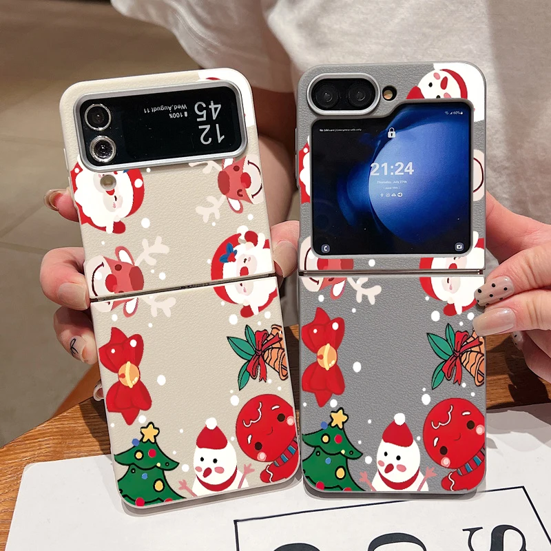 Santa Claus Snowman Christmas Case For Samsung Galaxy Flip6 Flip5 Flip4 Leather Texture Soft Cover For Samsung Z Z Flip 6 5 4 3