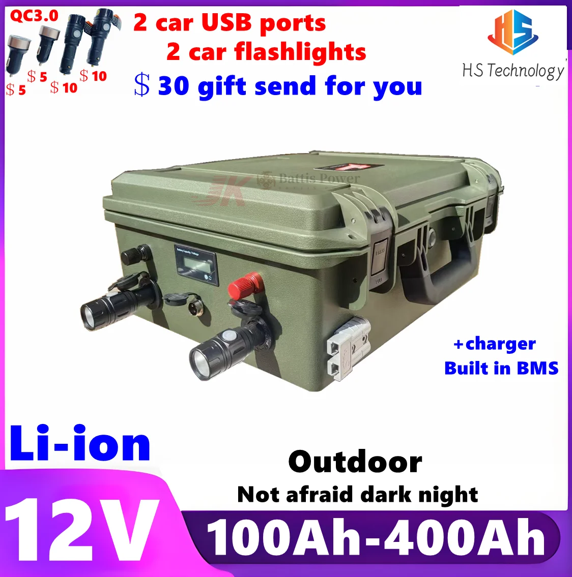 

HS lithium 12V 100Ah 150Ah 200Ah 250Ah 300Ah 400Ah li-ion battery for Outdoor,RV Camping,propeller EV boat,Inverter lighting,AGV