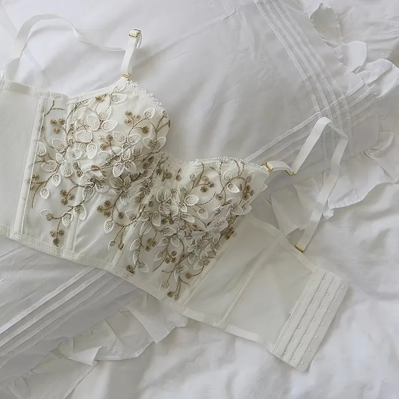 Three-Dimensional Embroidered Bra Sexy Lace Fish Bone Corset Widened Breasted With Steel Ring 2/1 Half Cup Bralette Underwear