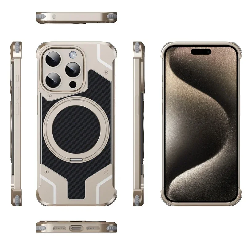 Heat Dissipation Rimless Phone Case For iphone 16 15 Pro Max Metal alloy carbon fibre Cooling Magnetic rotating bracket Cover