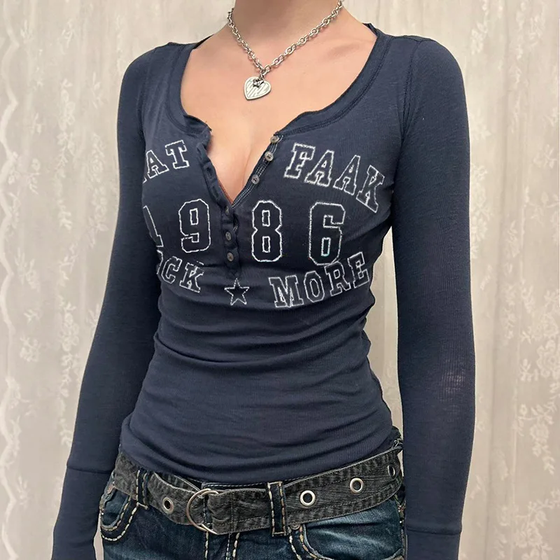 T-shirt nera donna autunno lettera stampa streetwear maniche lunghe o-collo aderente sexy top button moda casual slim tees femminile