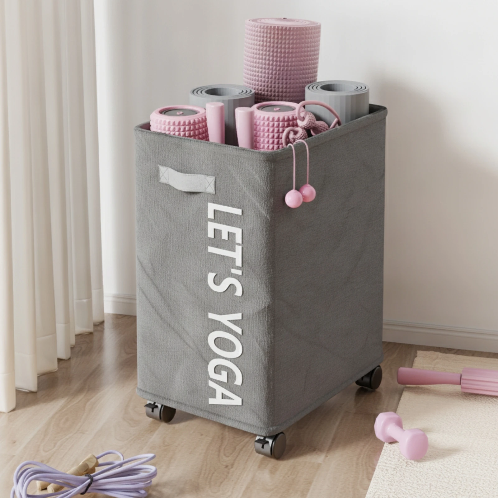 Open Top Fabric Storage Basket with Caster Wheels for Fitness Mats and Jump Ropes