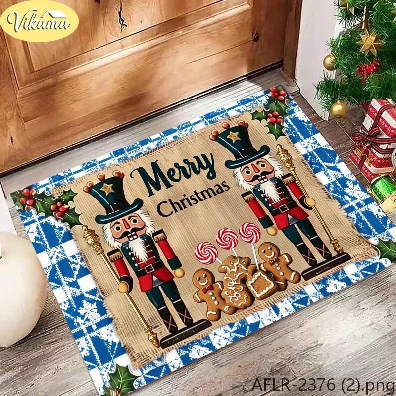 VIKAMA Nutcracker & Typographic Flannel Door Mat, Non-Slip Washable Xmas Mat, Decor for Front Door Entryway Kitchen Bedroom