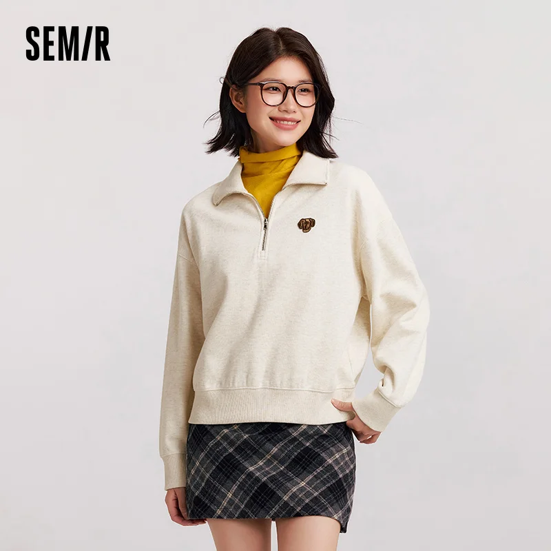 Semir Hoodie Women Winter Half-Zip Stand Collar Puppy Print Oversize Striped Fleece Pullover Layering Retro Warm Casual