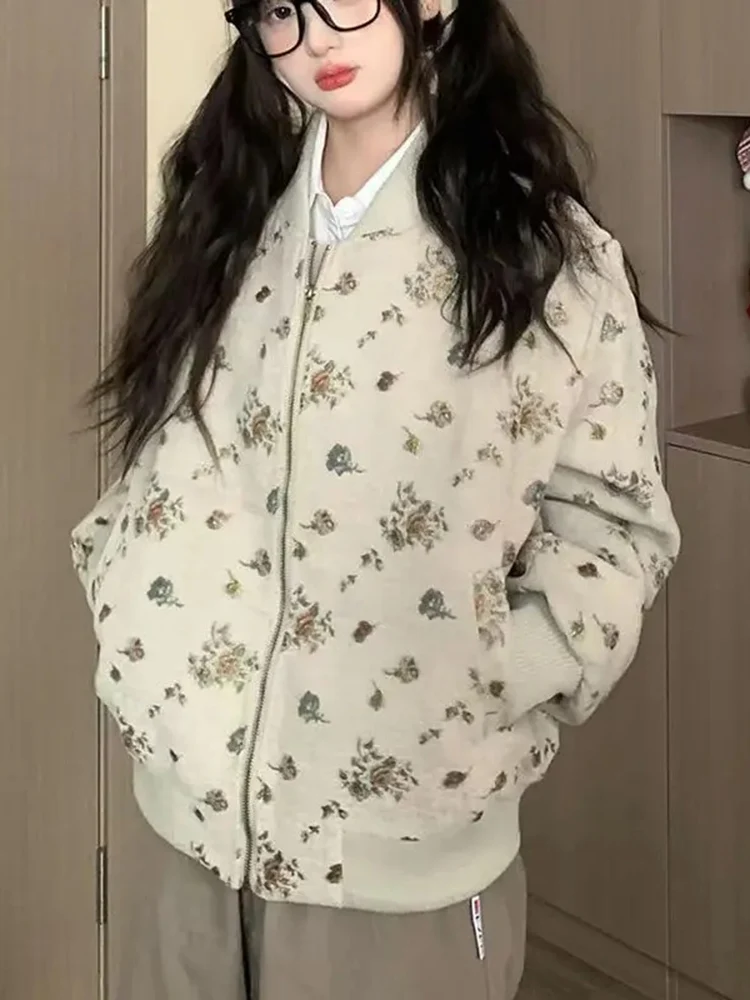 Giacche da donna Vintage dolce stampato floreale capispalla allentato cerniera autunno inverno cappotti da baseball moda femminile casual
