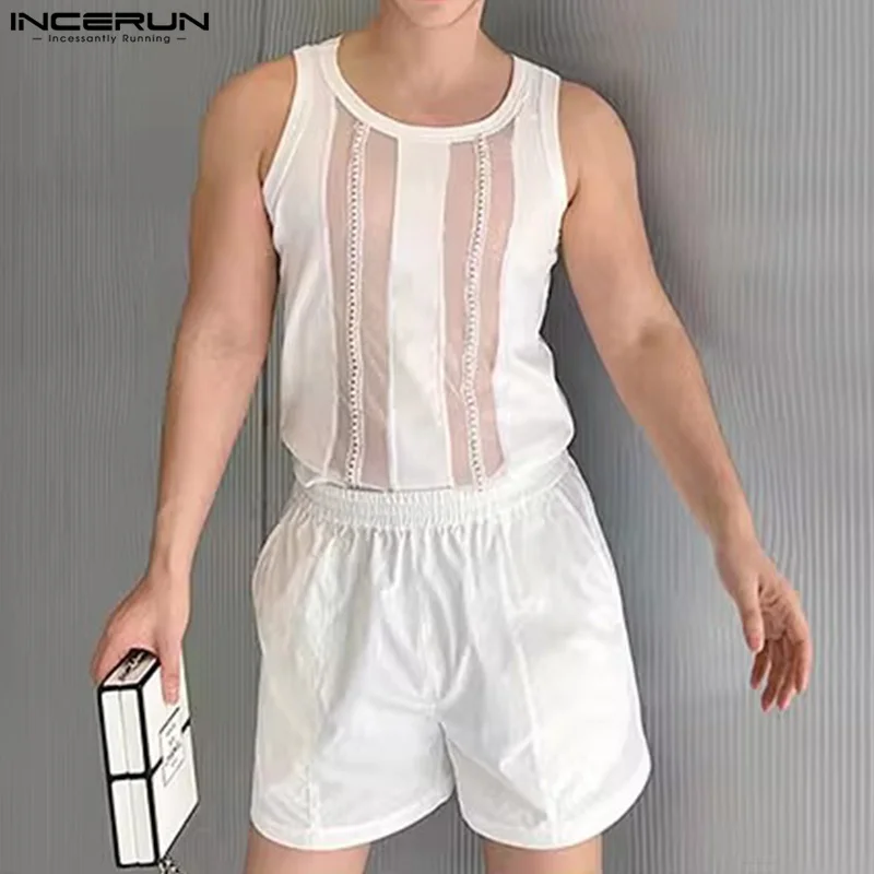 INCERUN Tops 2024 Korean Style New Men's Thin Mesh Patchwork Design Vests Casual Sexy Male Slightly Transparent Tank Tops S-5XL