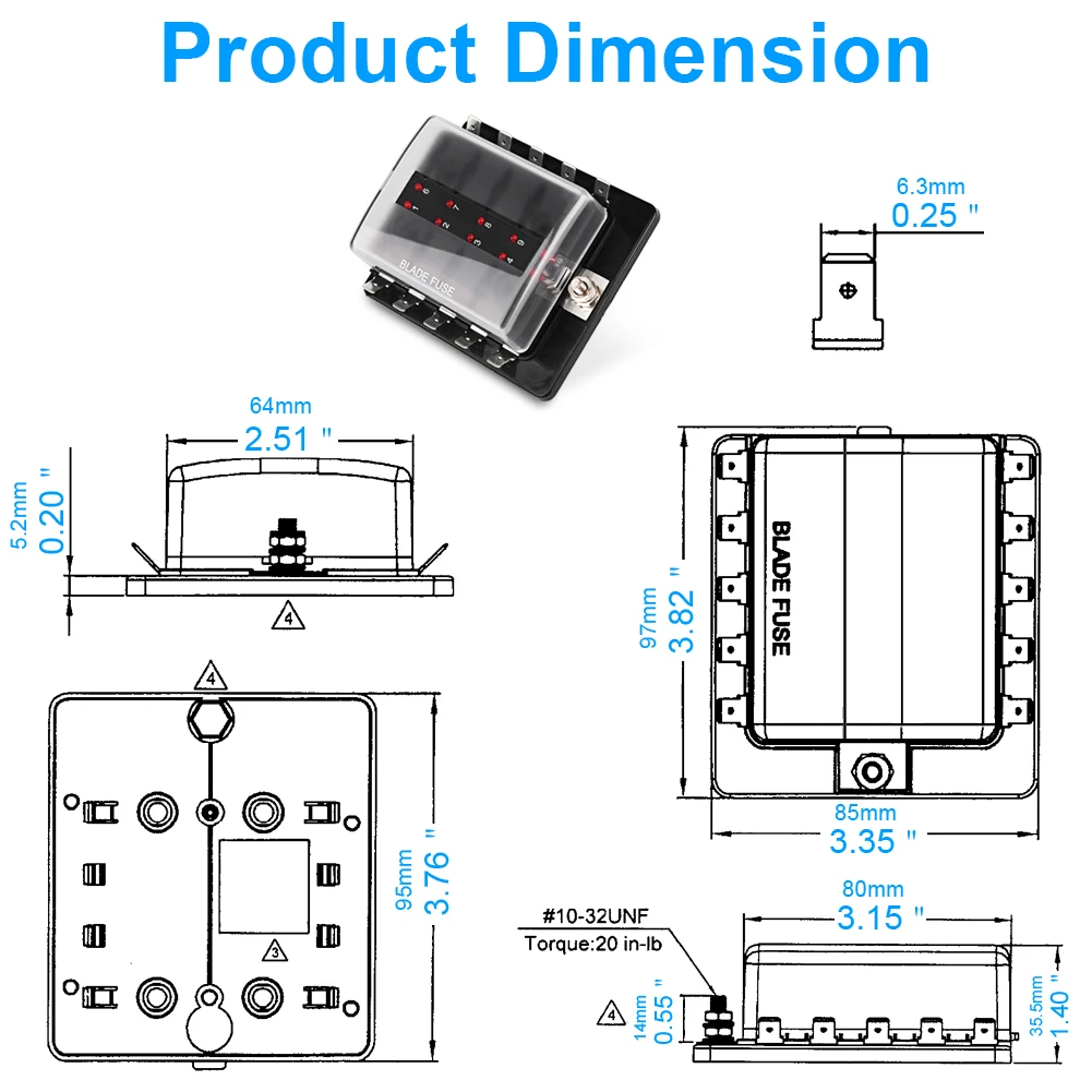 10 Way Blade Fuse Car Fuse Box Holder Block & Warning Indicator Light Kit for Car Boat Marine 12V Power Distribution Panel Board