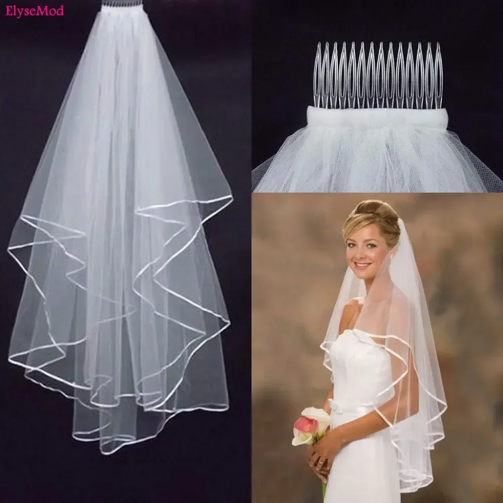 

Wedding Simple Tulle White Ivory Two Layers Bridal Veils Ribbon Edge Cheap Bride Accessories Short Women Veil With Comb