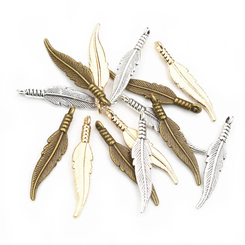 30pcs 31x6.5mm Feather Charms Pendants Bronze Antique Silver Plated KC Gold DIY Jewelry Making Findings for Necklace Bracelet