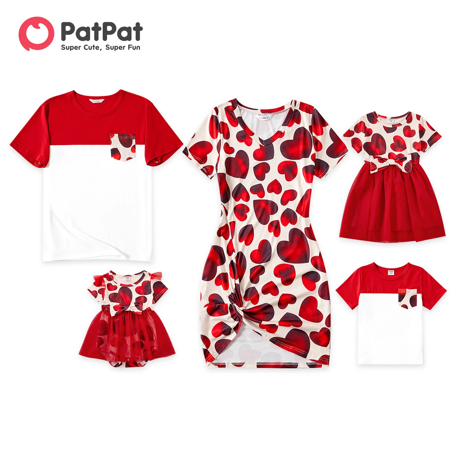 

PatPat Valentine's Day Family Matching Allover Red Heart Print Twist Knot Bodycon Dresses and Short-sleeve T-shirts Sets