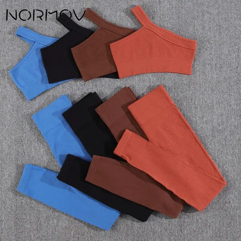 NORMOV Two Piece Yoga Set Single Shoulder Tracksuit Woman Knitted Gym Wear Women Raises Butt Ribbed Sport Outfit for Woman