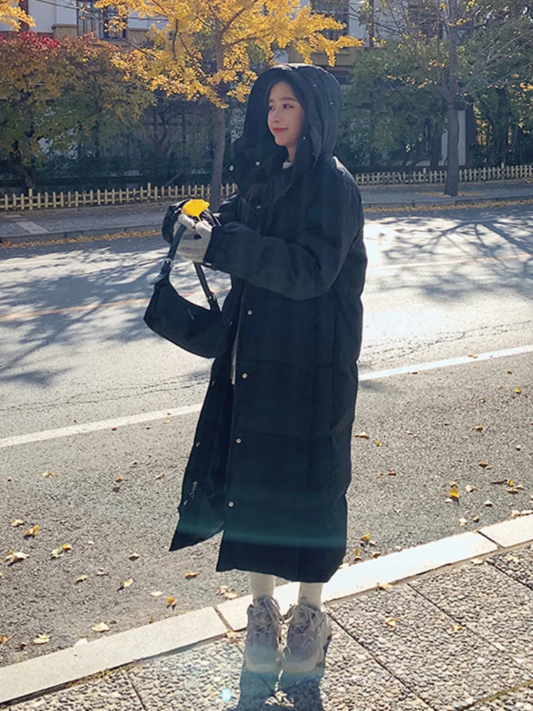 

Long Over-Knee Thiened Bla down Cotton Jaet Women Winter New Korean Loose Ins Hong Kong Sle Bread Crystal Xuan Brand