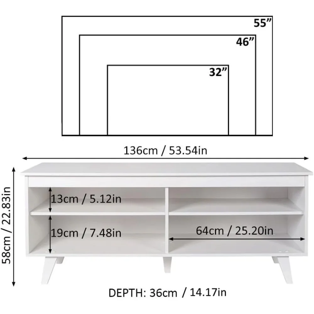 TV Stand Cabinet With 4 Shelves and Cable Management Tv Stand Living Room Furniture Wooden 23'' H X 15'' D X 53'' L – White Home