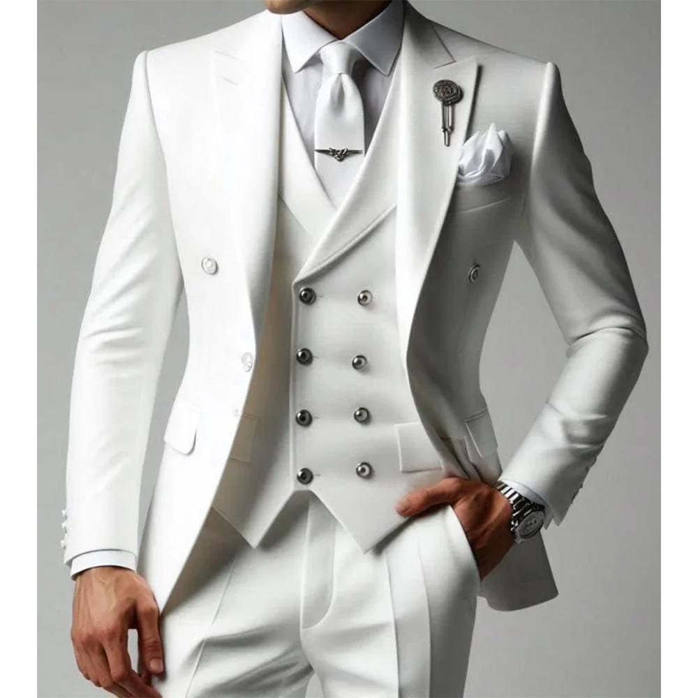

Elegant White Men Suits 3 Piecs Blazer Pants Vest Single Breasted Peak Lapel Wedding Groom Tuxedo Suits