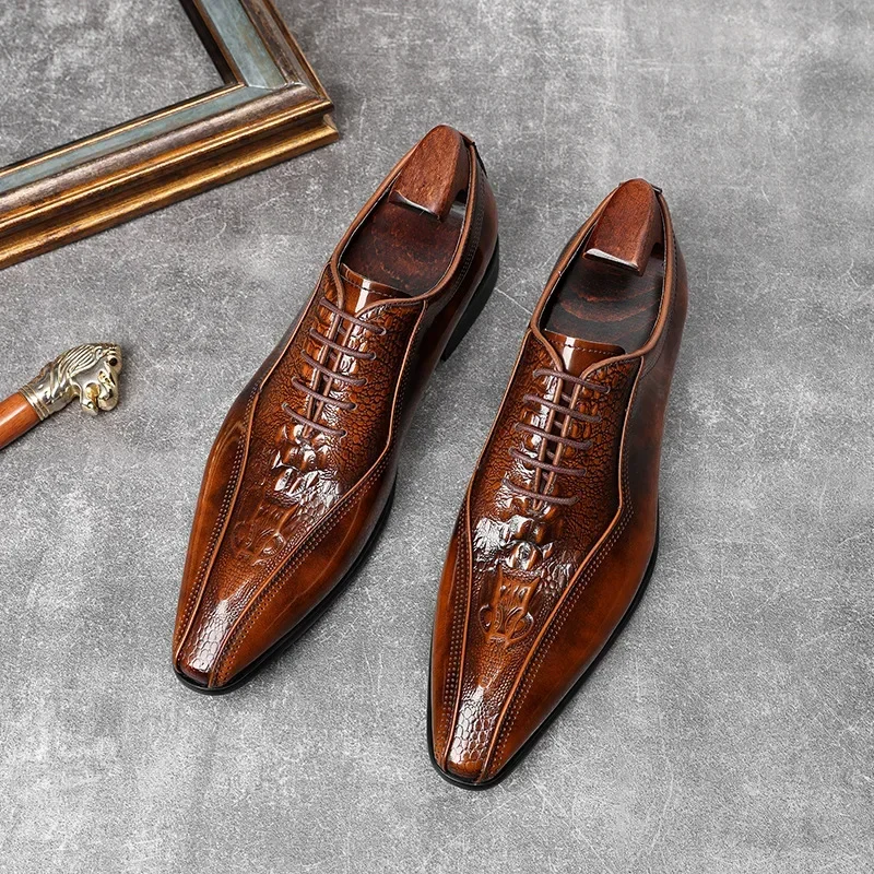 Quality Italian Brand Designer Men's Genuine Leather Dress Shoes Crocodile Pattern Trend Men Fashion Hairstylist Wedding Shoes