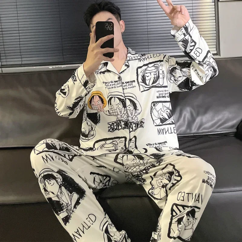 Naruto Long Sleeved Pijama for Men Autumn Home Clothes Cotton Pajamas Set Anime ONE PIECE Nightwear Cardigan Party Pyjama Gift